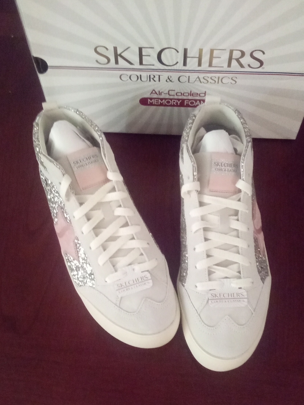Skechers Pink, White & Silver Glitter Low-Top Sneakers 9.5 BWT $60 Memory Foam